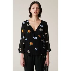 GANNI Black Floral Wrap Silk Blouse